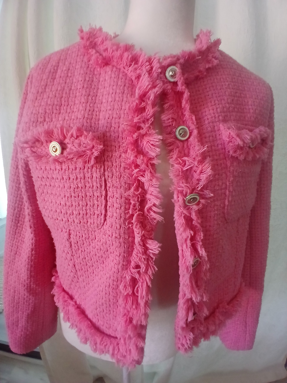 Fresh Twist Pink Fringed Bouclé Jacket SZ PM